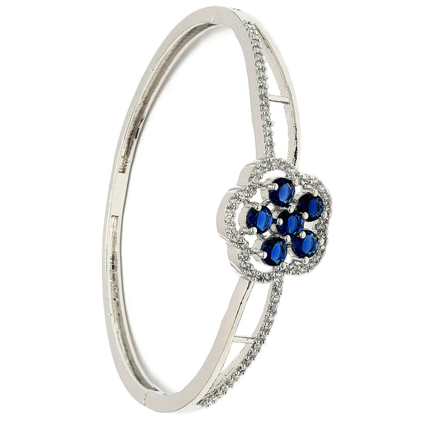 Rhodium Plated Silver Toned Floral Cluster Blue American Diamond  Studded Cuff Bracelet