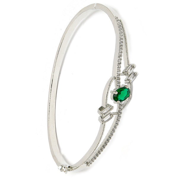 Rhodium Plated Silver Toned  Green Oval American Diamond Studded Cuff Bracelet