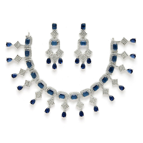 Rhodium Plated Silver Toned with Blue American Diamond Studded Jewellery Set