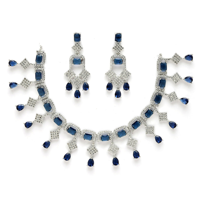 Rhodium Plated Silver Toned with Blue American Diamond Studded Jewellery Set