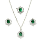 Rhodium Plated Silver Toned Green Tear Dropped  Shaped American Diamond Studded Pendant Combo With Ring