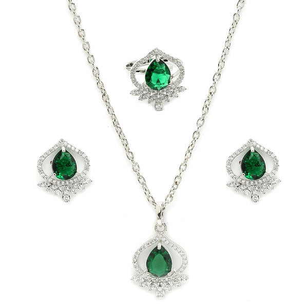 Rhodium Plated Silver Toned Green Tear Dropped  Shaped American Diamond Studded Pendant Combo With Ring