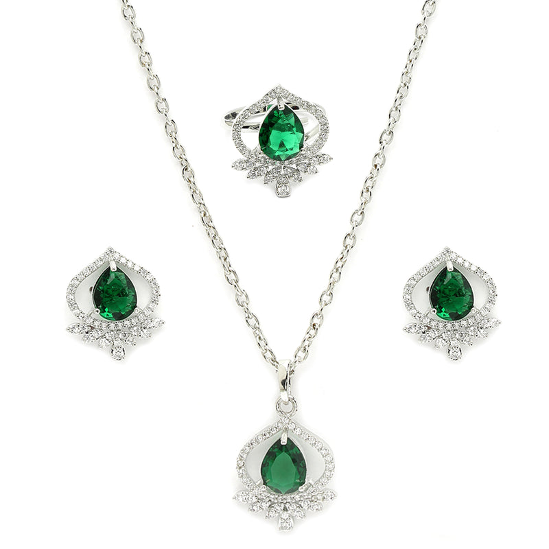 Rhodium Plated Silver Toned Green Tear Dropped  Shaped American Diamond Studded Pendant Combo With Ring