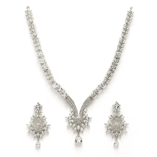 Rhodium Plated Silver Toned White American Diamond Studded Jewellery Set