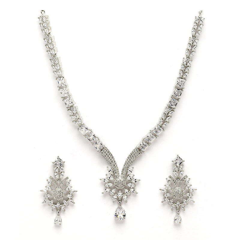 Rhodium Plated Silver Toned White American Diamond Studded Jewellery Set