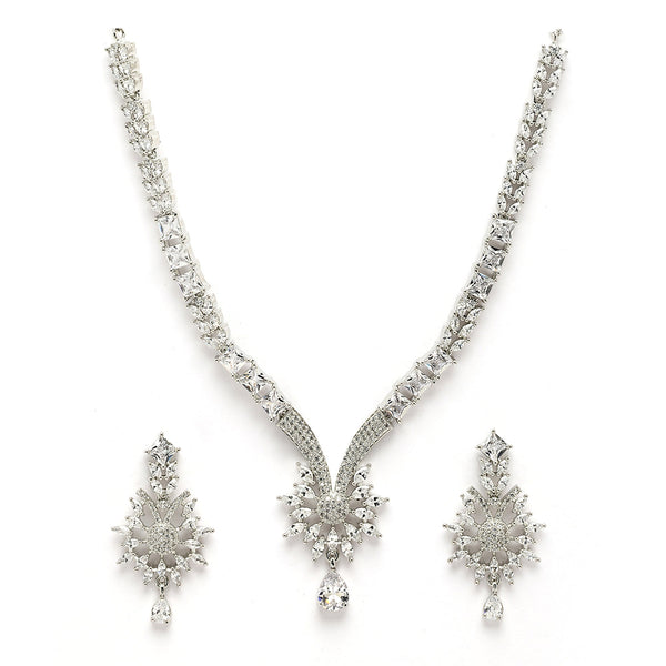 Rhodium Plated Silver Toned Nature Inspired White AD Studded Necklace Set With Matching Earrings