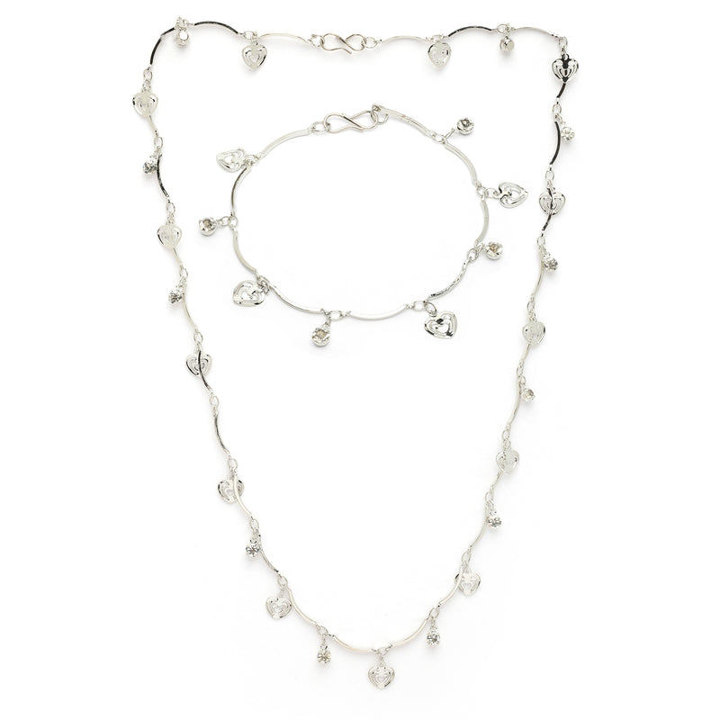 Rhodium Plated with Heart Shaped & White Cubic Zirconia Studded Jewellery Set