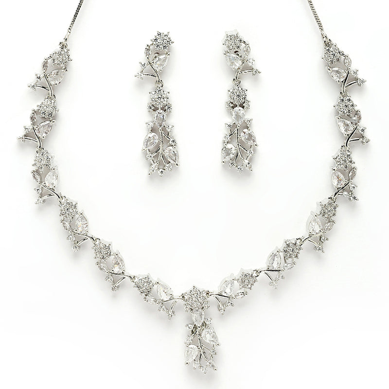Rhodium Plated Silver Toned White American Diamond Studded Jewellery Set