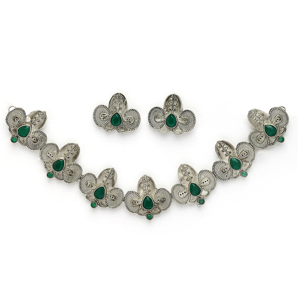 Oxidized Plated with Silver Filigree Design Green Stone Studded Jewellery Set