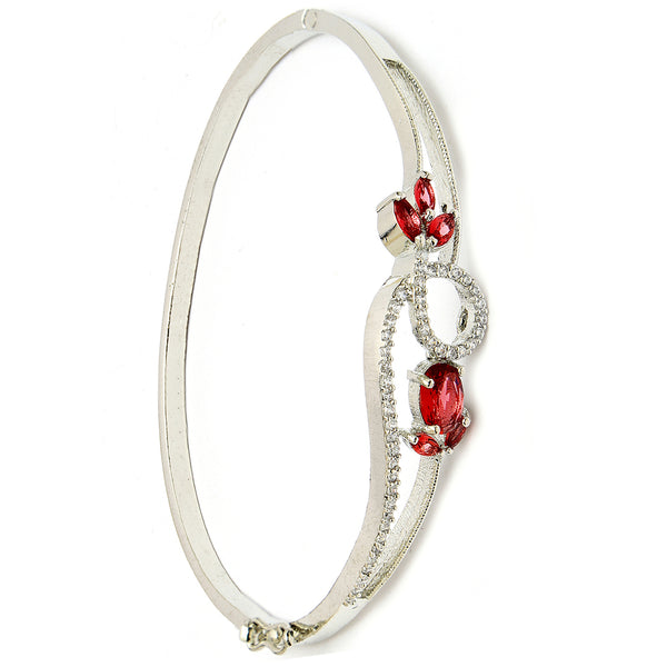Rhodium Plated Silver Toned Nature Inspired Red Oval American Diamond Studded Cuff Bracelet