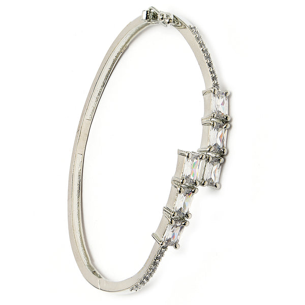 Rhodium Plated Silver Toned White Baguette Cut American Diamond Studded Cuff Bracelet