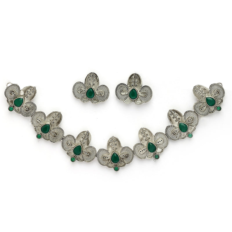 Oxidized Plated with Silver Filigree Design Green Stone Studded Jewellery Set