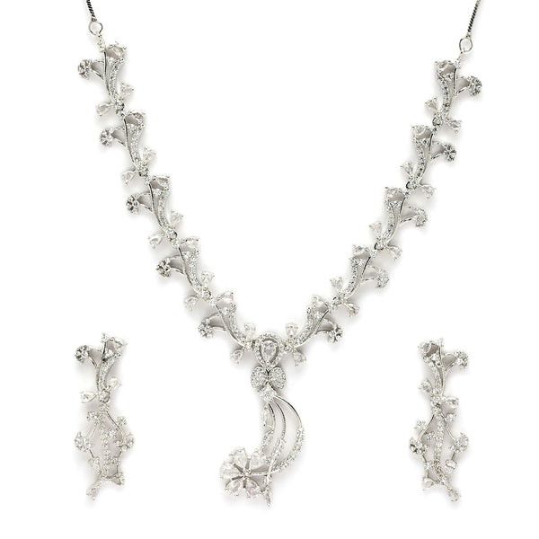 Rhodium Plated & Floral Vine Cascade with White American Diamond  Stone Studded Jewellery set