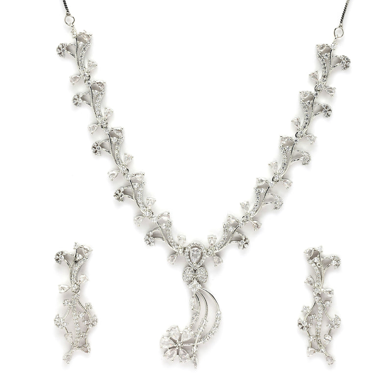 Rhodium Plated & Floral Vine Cascade with White American Diamond  Stone Studded Jewellery set