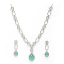 Rhodium Plated Silver Toned Sea Green American Diamond Studded Jewellery Set
