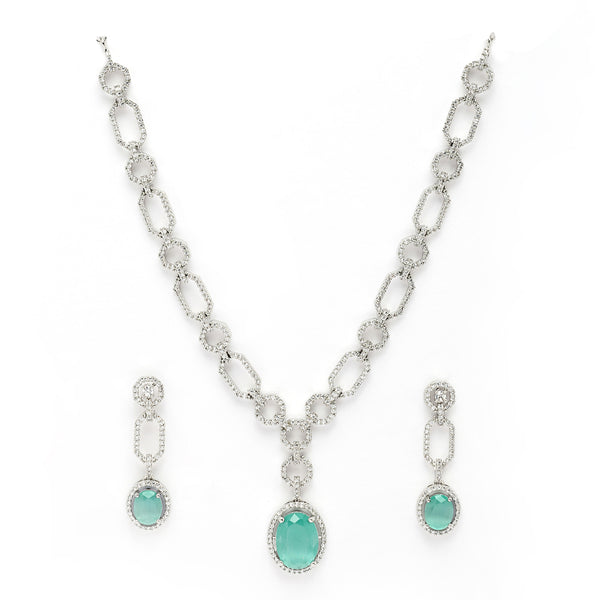 Rhodium Plated Silver Toned Sea Green American Diamond Studded Jewellery Set