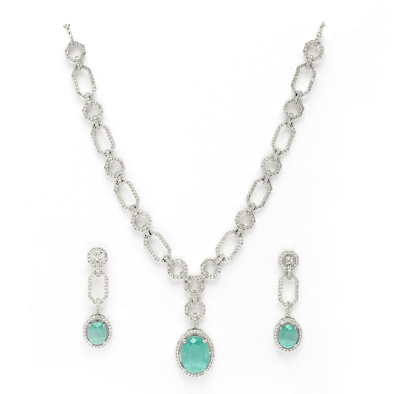 Rhodium Plated Silver Toned Sea Green American Diamond Studded Jewellery Set