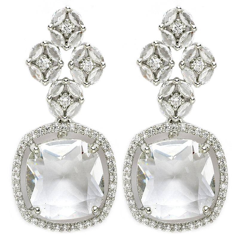 Rhodium Plated Silver Toned with White American Diamond Small Drop Earrings