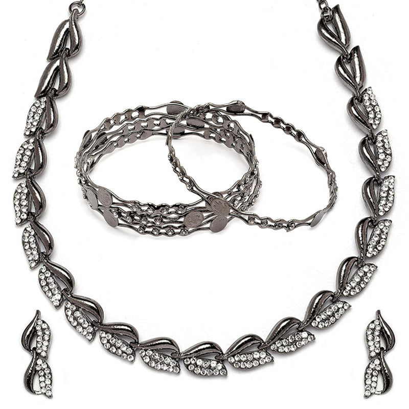 Oxidized Leaf White Cubic Zirconia Studded Combo - Necklace, Earrings, Bangles