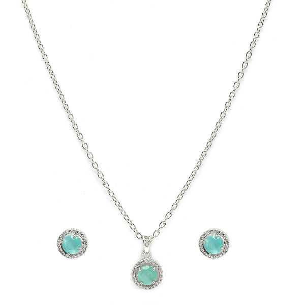 Rhodium Plated with Round Sea Green American Diamond Studded Pendant Set