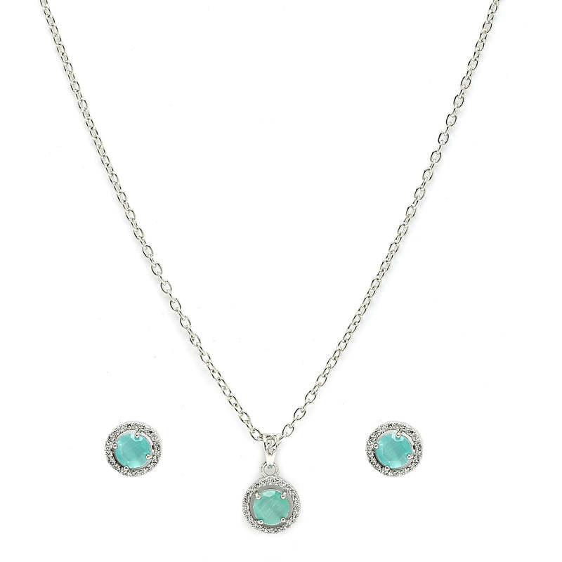 Rhodium Plated with Round Sea Green American Diamond Studded Pendant Set