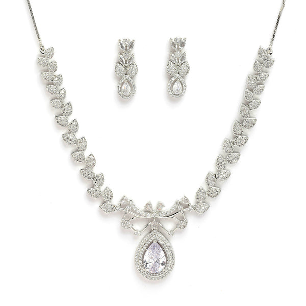 Rhodium Plated Silver Toned Teardrop American Diamond Jewellery Set