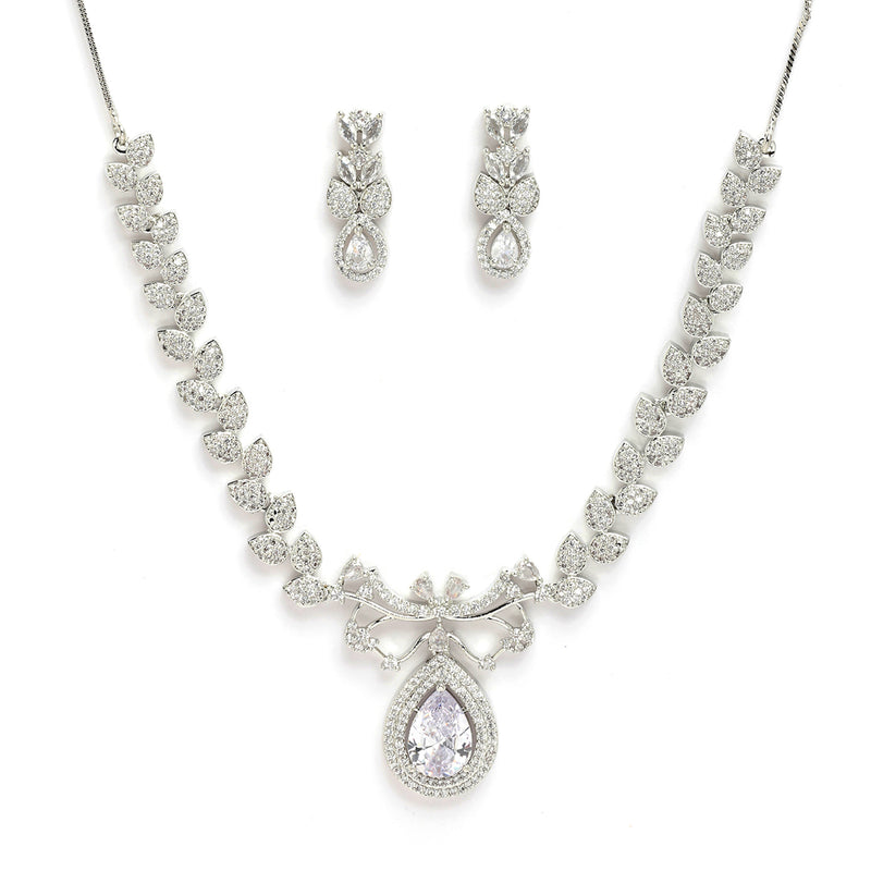 Rhodium Plated Silver Toned Teardrop American Diamond Jewellery Set