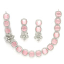 Rhodium Plated Silver Toned Pink Cussion Cut AD Studded  Necklace With Matching Drop Earrings
