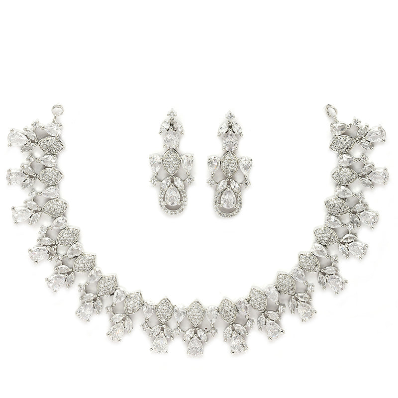 Rhodium Plated Silver Toned White American Diamond Stone Studded Jewellery Set