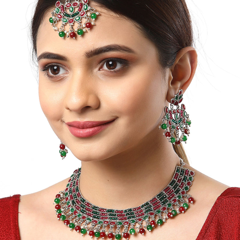 Rhodium-Plated with Silver-Tone Silver-Plated Red & Green Stones Studded Jewellery Set