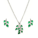 Rhodium Plated with Leaf Shaped Design & Green American Diamonds Studded Pendant Set