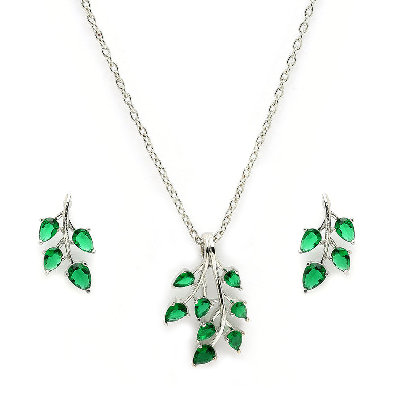 Rhodium Plated with Leaf Shaped Design & Green American Diamonds Studded Pendant Set