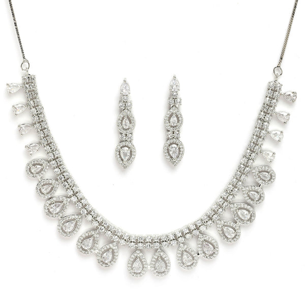 Rhodium Plated Silver Toned White American Diamond Studded Tear Drop Shaped Jewellery Set