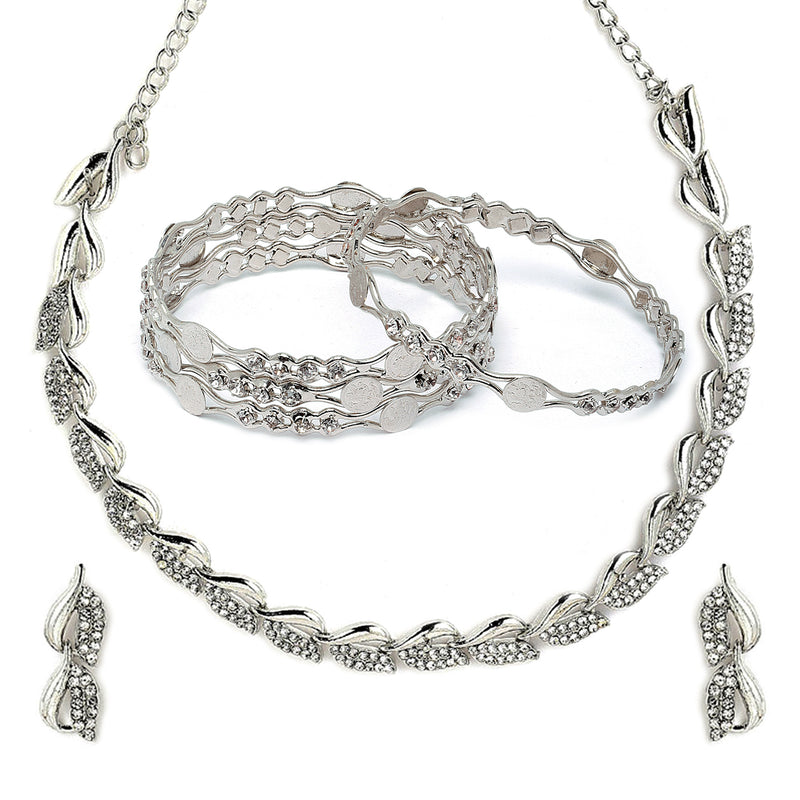 Rhodium Plated Silver Toned Leaf White Cubic Zirconia Studded Combo - Necklace, Earrings, Bangles