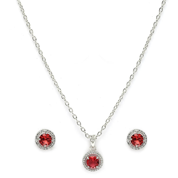 Rhodium Plated with Round Red American Diamond Studded Pendant Set