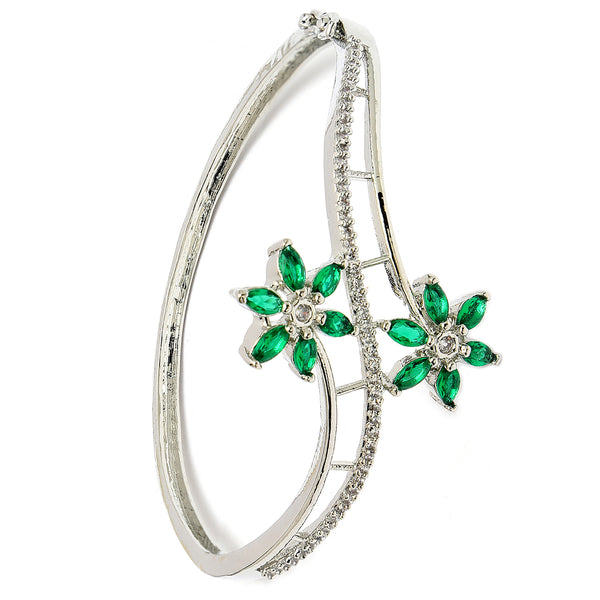 Rhodium Plated Silver Toned Floral Design Green American Diamond Studded Cuff Bracelet