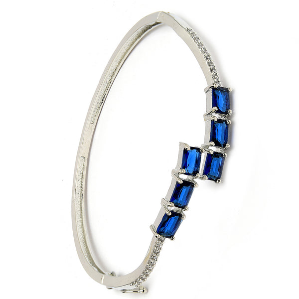 Rhodium Plated Silver Toned Blue Baguette Cut American Diamond Studded Cuff Bracelet