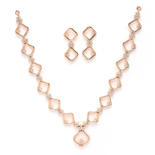 Rose Gold Plated Square Blossom Design with White American Diamond Stone Studded Jewellery Set