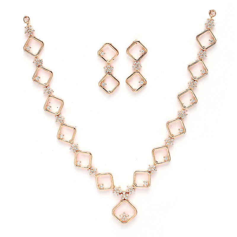 Rose Gold Plated Square Blossom Design with White American Diamond Stone Studded Jewellery Set