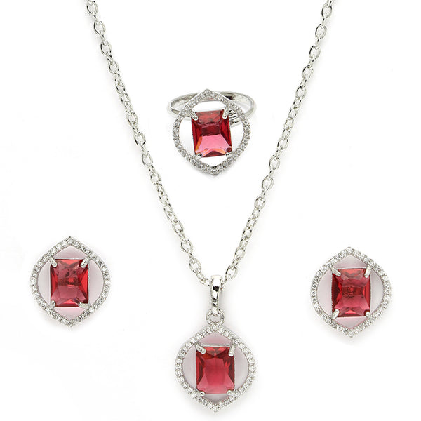 Rhodium Plated Silver Toned Ruby Red American Diamond Studded Pendant Combo With Ring