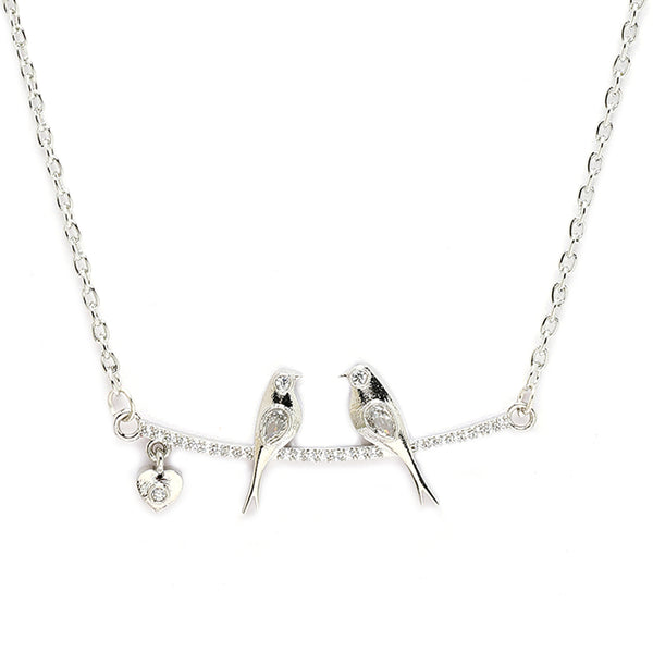 Rhodium Plated with White American Diamond Studded Love Birds Design Pendant