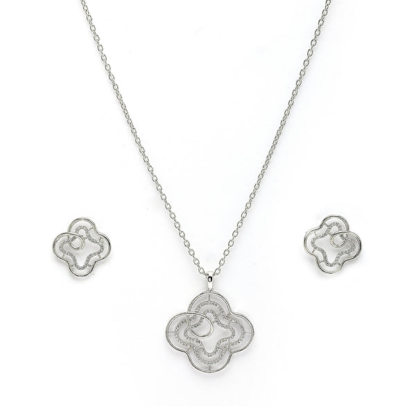 Rhodium Plated Elegant Clover Shaped American Diamond Pendant Set