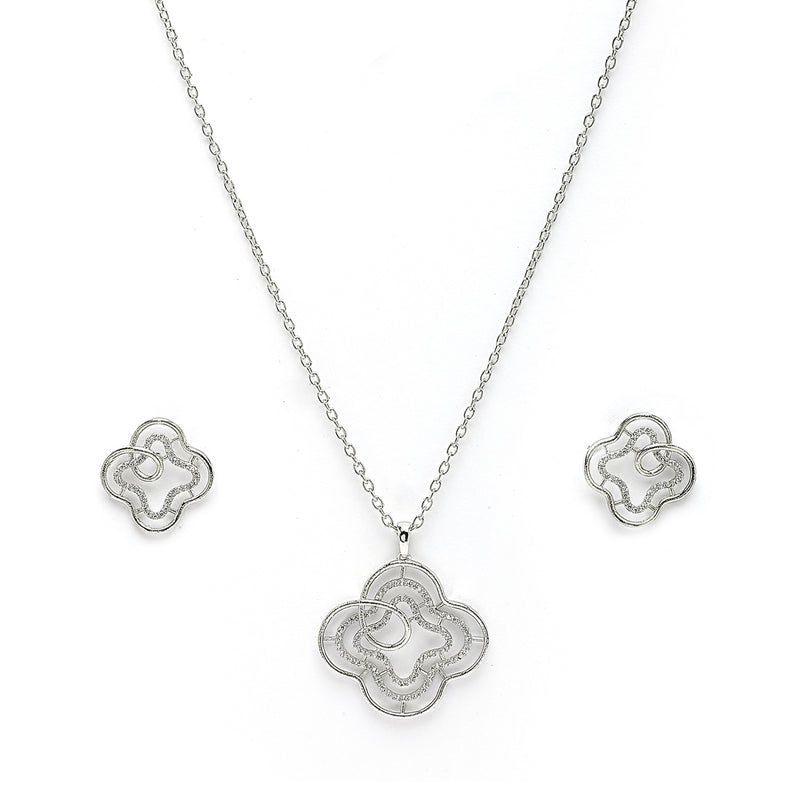 Rhodium Plated Elegant Clover Shaped American Diamond Pendant Set
