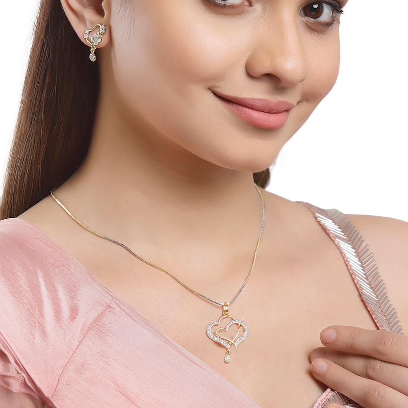 Gold-Plated Dual Heart Shaped White Cubic Zirconia Stone Studded Pendant Set