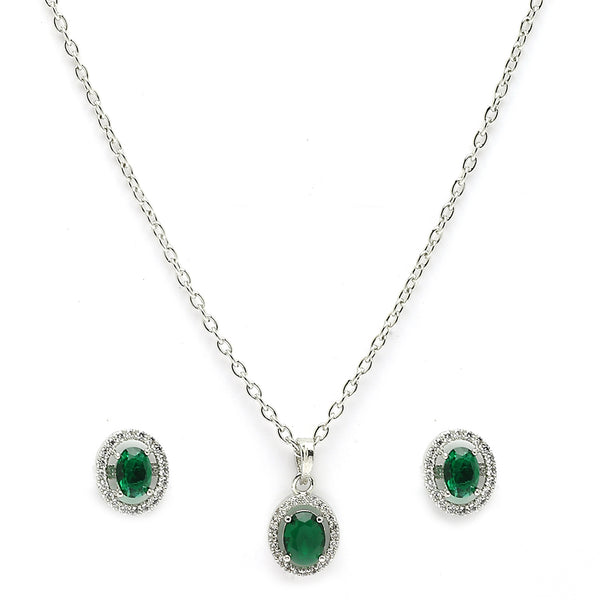 Rhodium Plated with Oval Shaped Green American Diamond Studded Pendant Set
