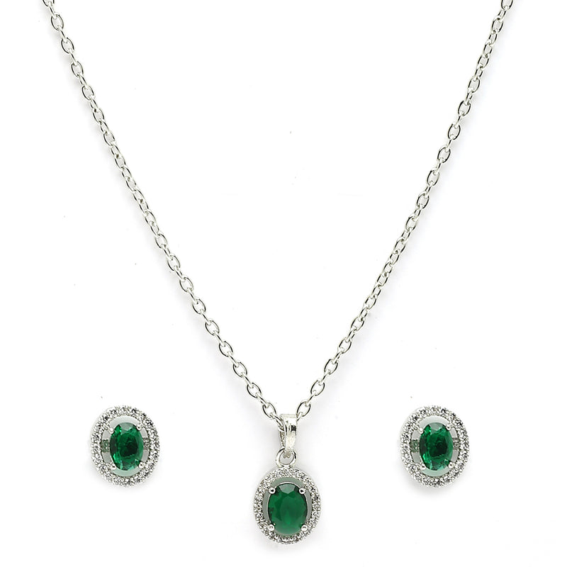 Rhodium Plated with Oval Shaped Green American Diamond Studded Pendant Set