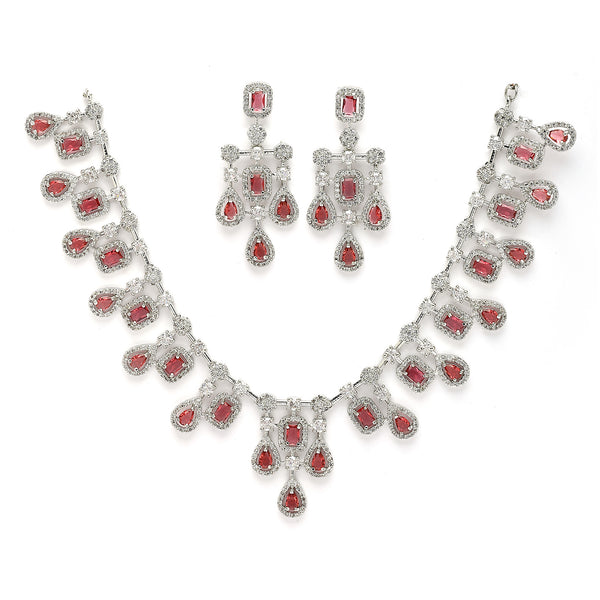 Rhodium Plated Stunning Red American Diamond Stones Studded Jewellery Set