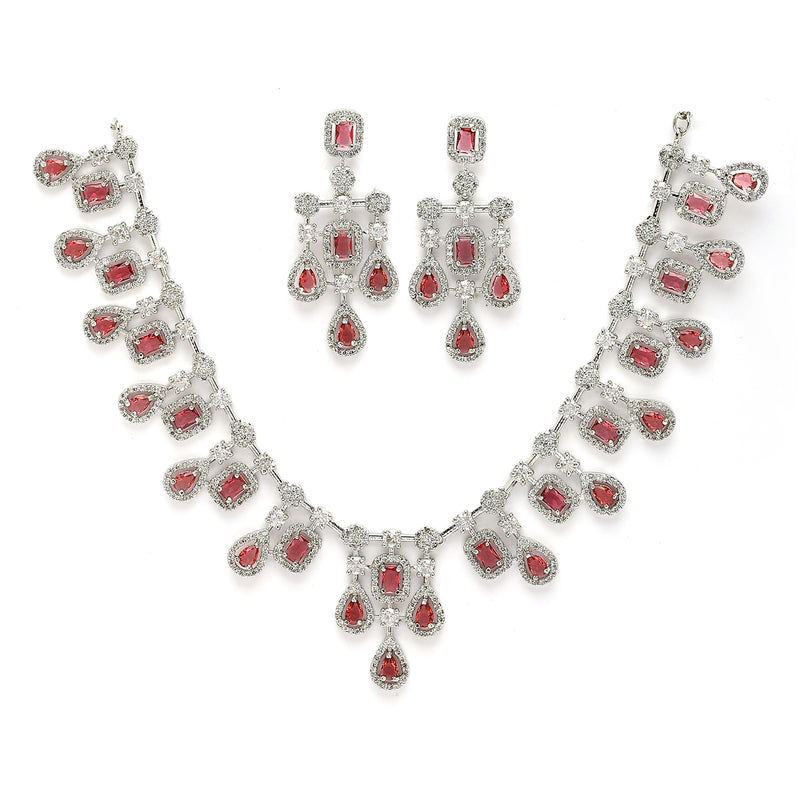 Rhodium Plated Stunning Red American Diamond Stones Studded Jewellery Set