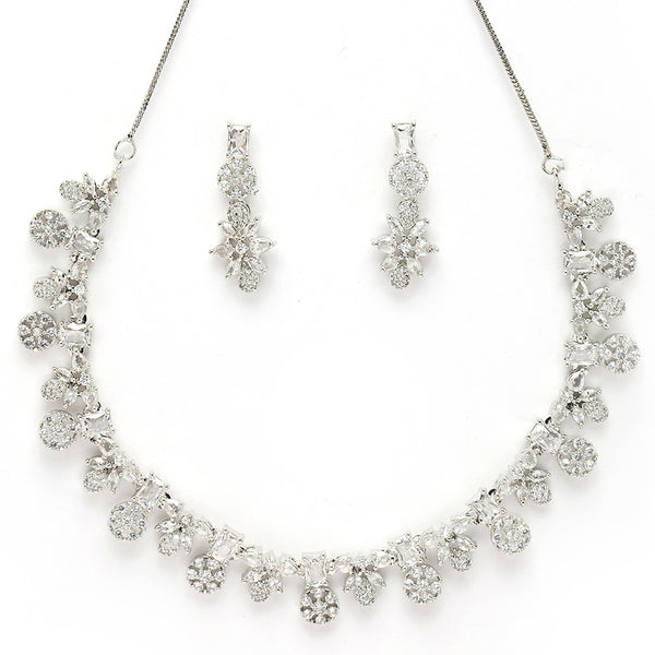 Rhodium Plated Silver Toned White American Diamond Studded Jewellery Set