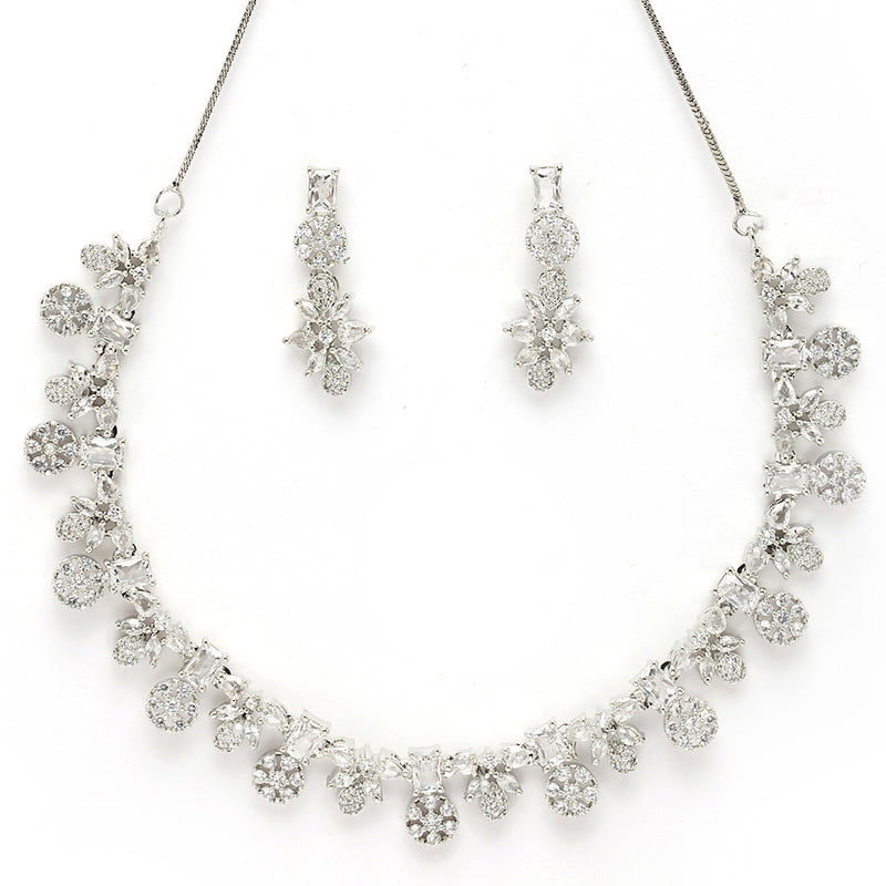 Rhodium Plated Silver Toned White American Diamond Studded Jewellery Set